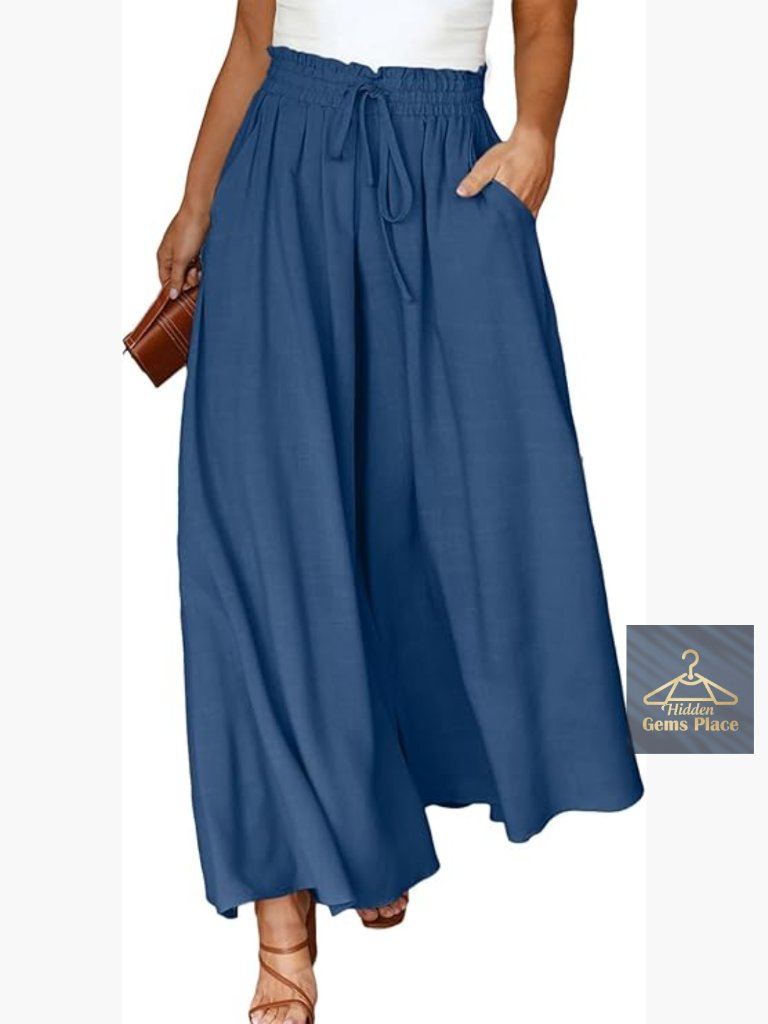 Plus Size Wide Leg Palazzo Pants Elastic High Waist Casual Flowy With Pockets